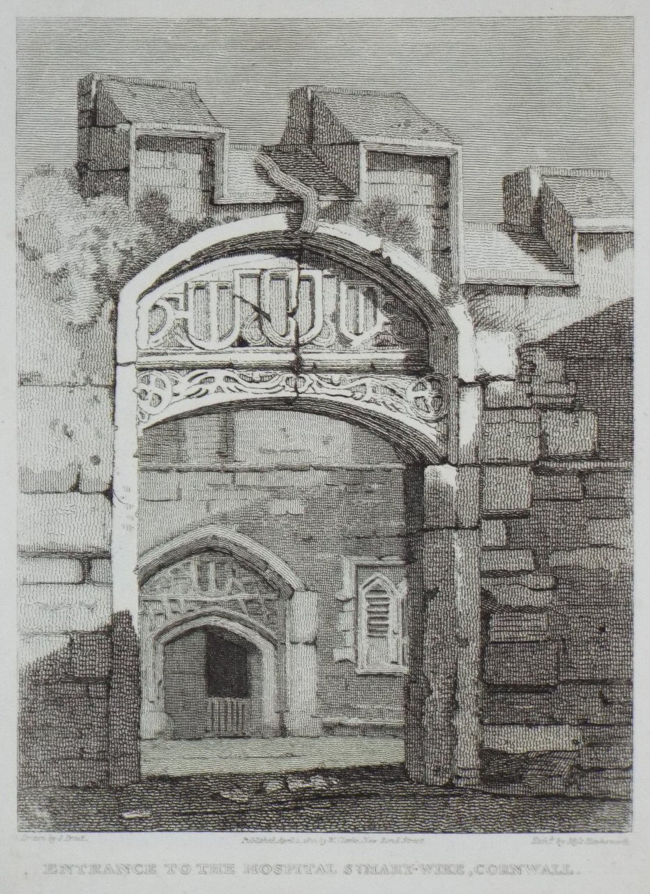 Etching - Entrance to the Hospital St Mary-Wike, Cornwall.Bishops Seat &c. St. Germains Church, Cornwall. - 